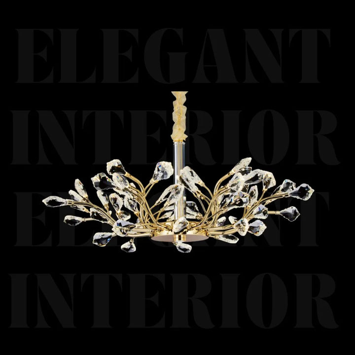 Front angled view of Donya Crystal Blossom Gold Branch Chandelier showcasing gold branches and crystal details