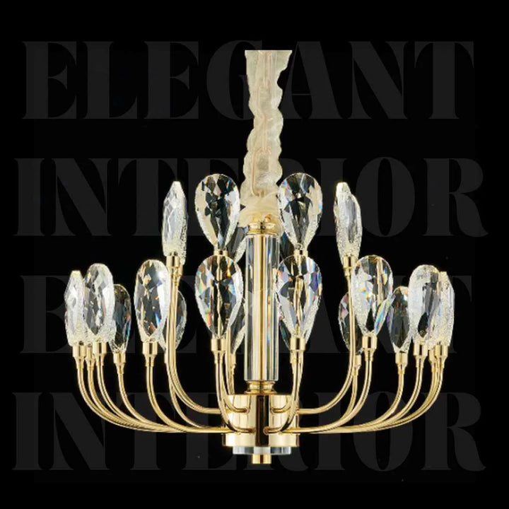 Front view of Donya Crystal Blossom gold branch chandelier showcasing elegant floral crystal design