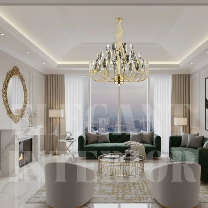 Front hanging view of Donya Crystal Blossom gold branch chandelier in a stylish living room