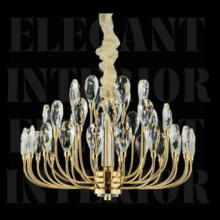 Front view of Donya Crystal Blossom gold branch chandelier highlighting elegant gold and crystal design
