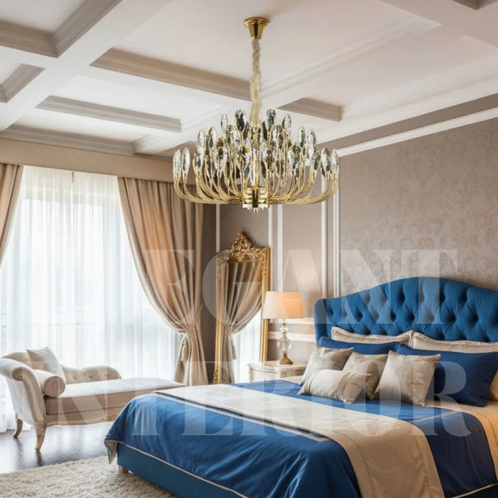 Donya Crystal Blossom gold branch chandelier adding elegance to a luxurious bedroom interior