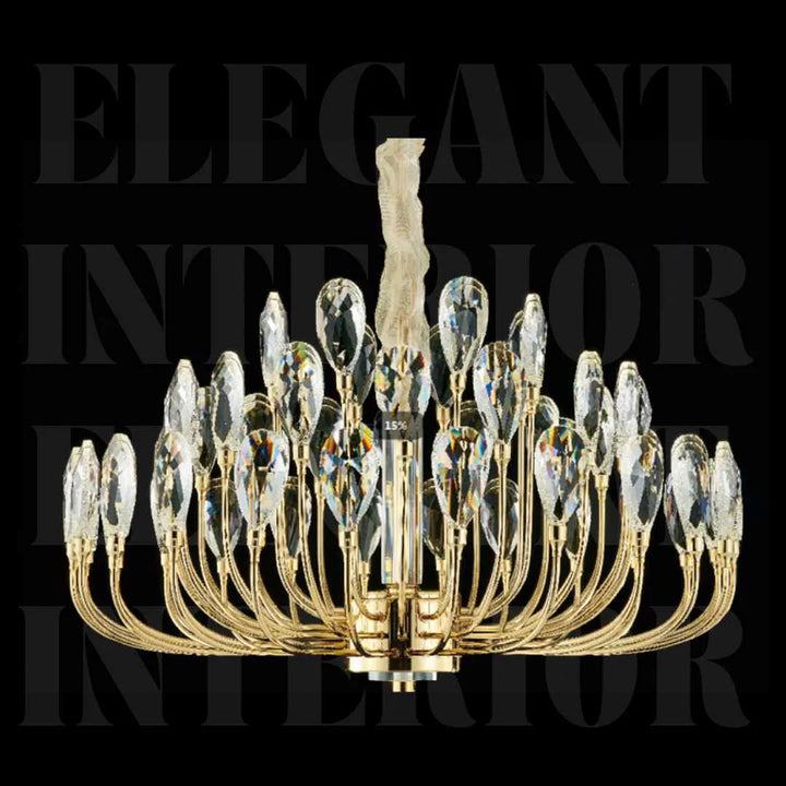 Front view of Donya Crystal Blossom gold branch chandelier showcasing luxurious gold and crystal design