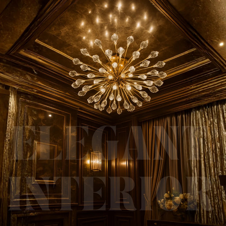Donya Crystal Branch LED Ceiling Light in living room showcasing luxurious gold branches and sparkling crystals