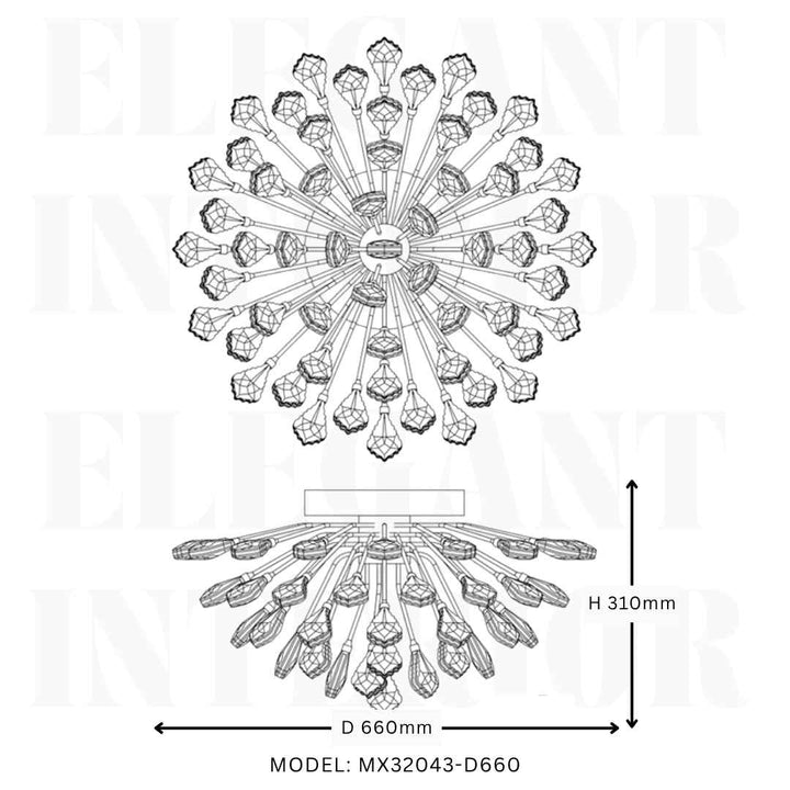Dimension diagram of Donya Crystal Branch LED Ceiling Light showing size, structure, and crystal details