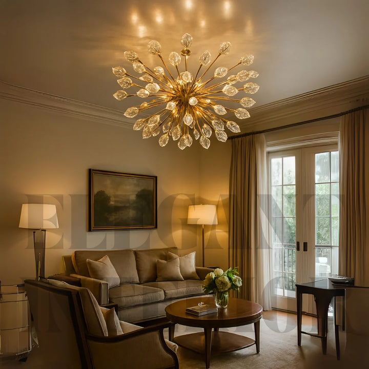 Donya Crystal Branch LED Ceiling Light in luxury living room showcasing elegant gold branches and sparkling crystals
