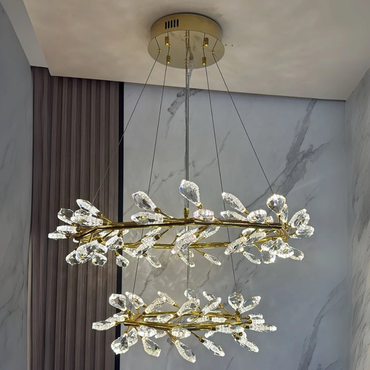 Front view of two-layer Donya Crystal Branch LED Chandelier with gold finish and crystal accents