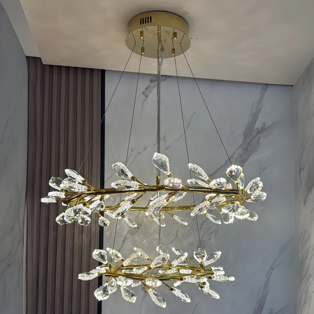 Front view of two-layer Donya Crystal Branch LED Chandelier with gold finish and crystal accents