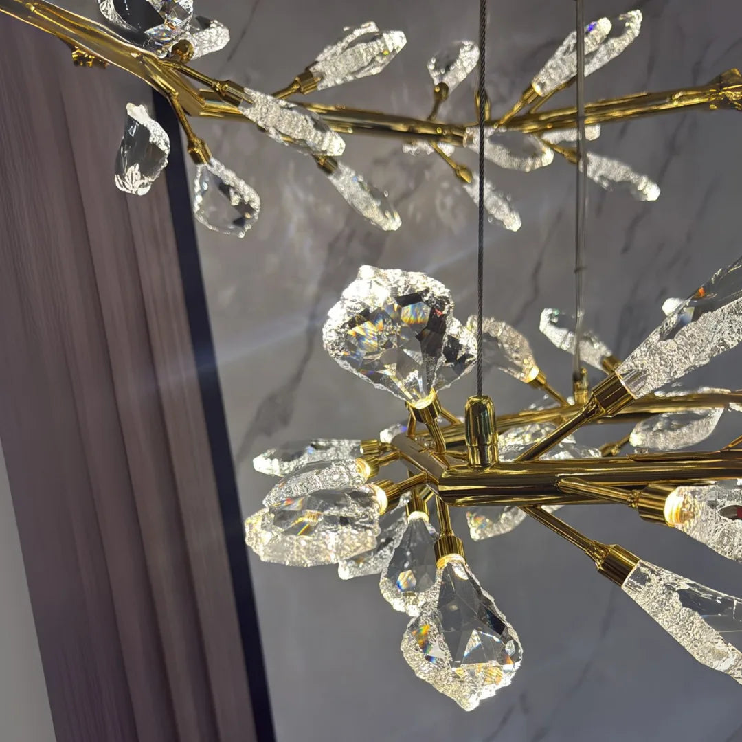 Close-up view of Donya Crystal Branch LED Chandelier highlighting sparkling crystal details