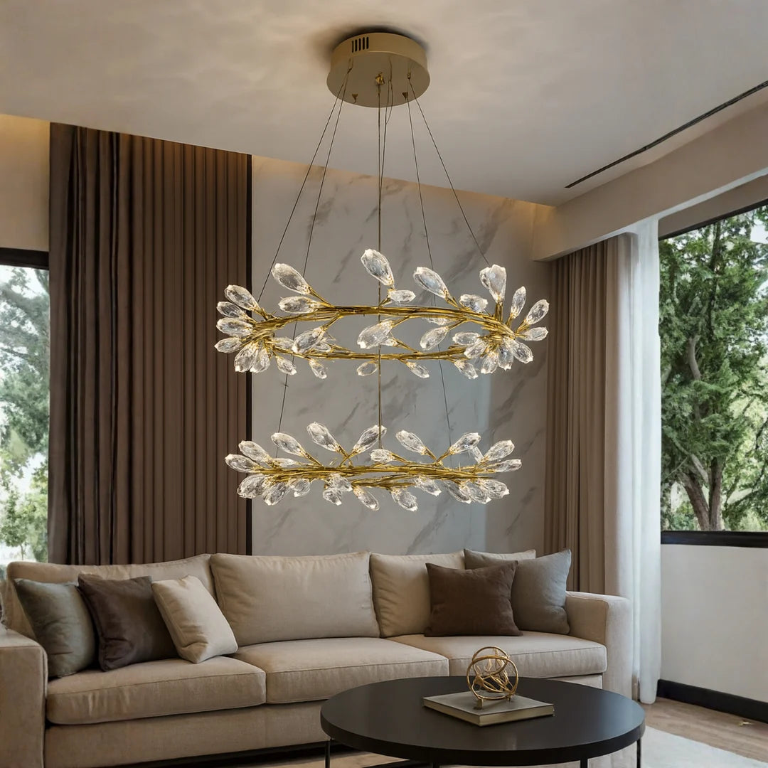 Donya Crystal Branch LED Chandelier hanging in luxury living room, showcasing elegant gold and crystal design