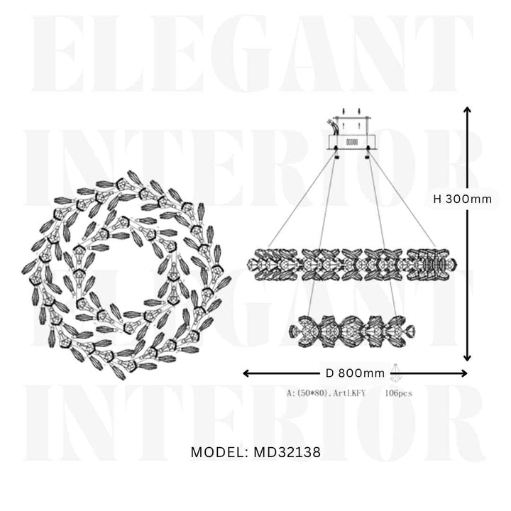 Dimension diagram of Donya Crystal Branch LED Chandelier showing size, structure, and elegant design details