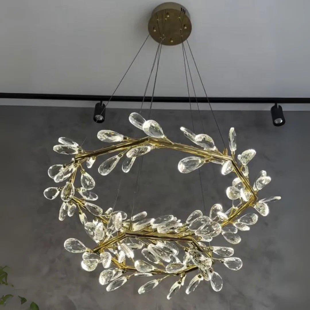 Bottom angle view of Donya Crystal Branch LED Chandelier highlighting layered crystals and gold detailing