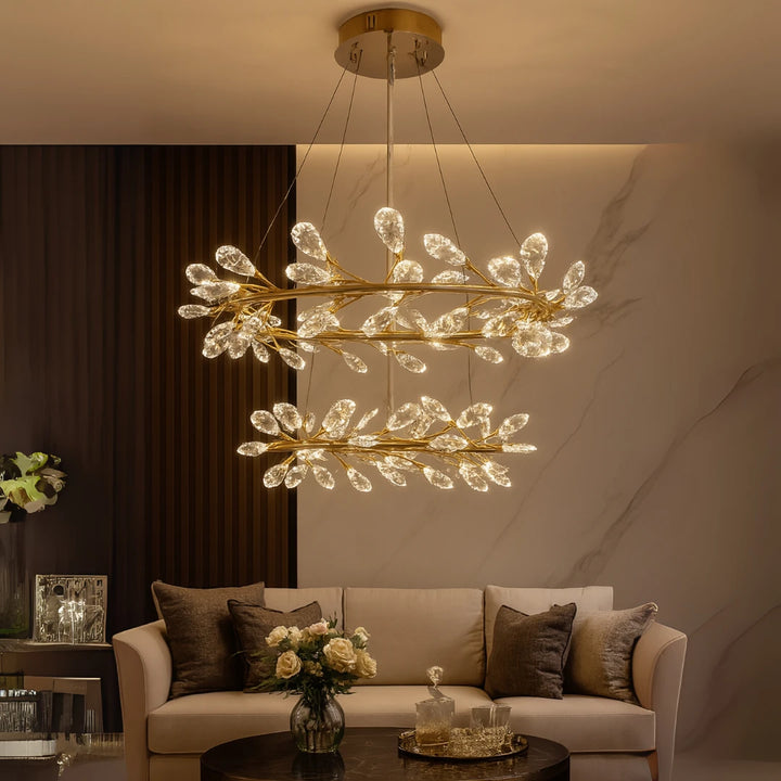 Donya Crystal Branch LED Chandelier in luxury living room showcasing elegant gold branches and sparkling crystals
