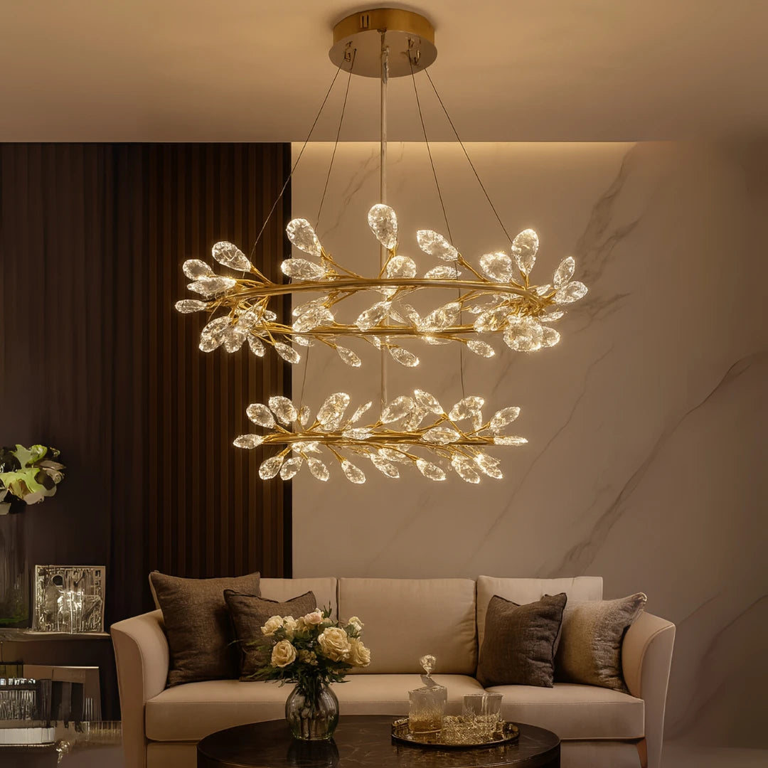 Donya Crystal Branch LED Chandelier in luxury living room showcasing elegant gold branches and sparkling crystals