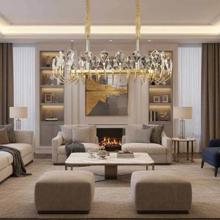 Donya Crystal Crown Modern Linear Chandelier front view in living room showcasing elegant gold frame and crystal design
