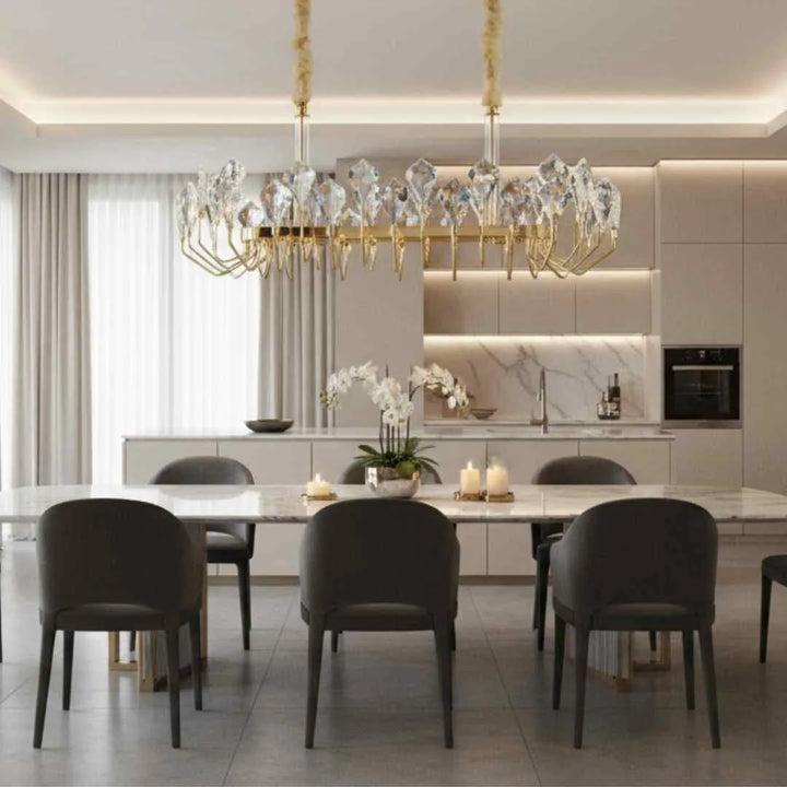 Donya Crystal Crown Modern Linear Chandelier in dining room showcasing sleek gold frame and sparkling crystal accents