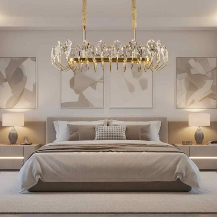 Donya Crystal Crown Modern Linear Chandelier in bedroom showcasing elegant gold frame and shimmering crystal design
