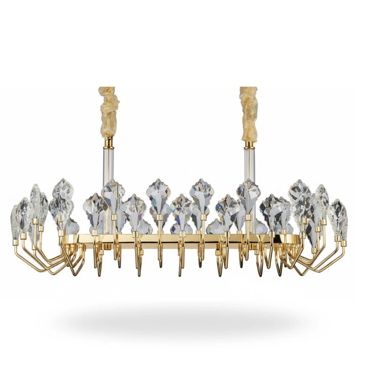 Front view of Donya Crystal Crown modern linear chandelier showcasing sleek frame and crystal accents