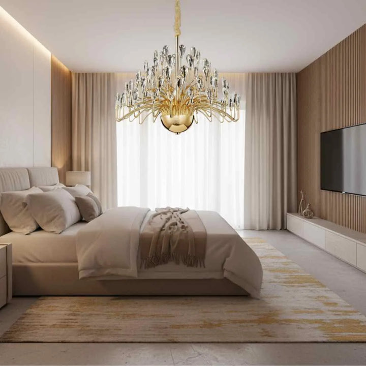 Donya Crystal Dewdrop Modern Gold Chandelier in bedroom showcasing elegant gold frame and dewdrop crystal design