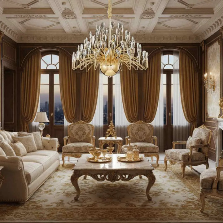Donya Crystal Dewdrop Modern Gold Chandelier in luxury living room showcasing elegant gold frame and dewdrop crystals
