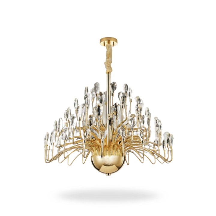 Front view of Donya Crystal Dewdrop modern gold chandelier highlighting sleek gold finish and sparkling crystals