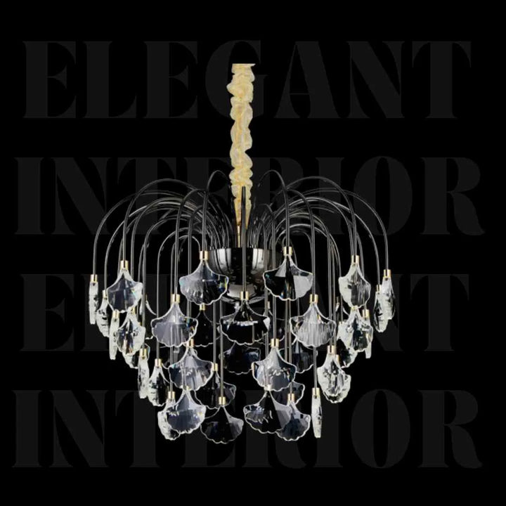Front View of Donya Black Crystal Leaf Cascade Chandelier Elegant Modern Lighting