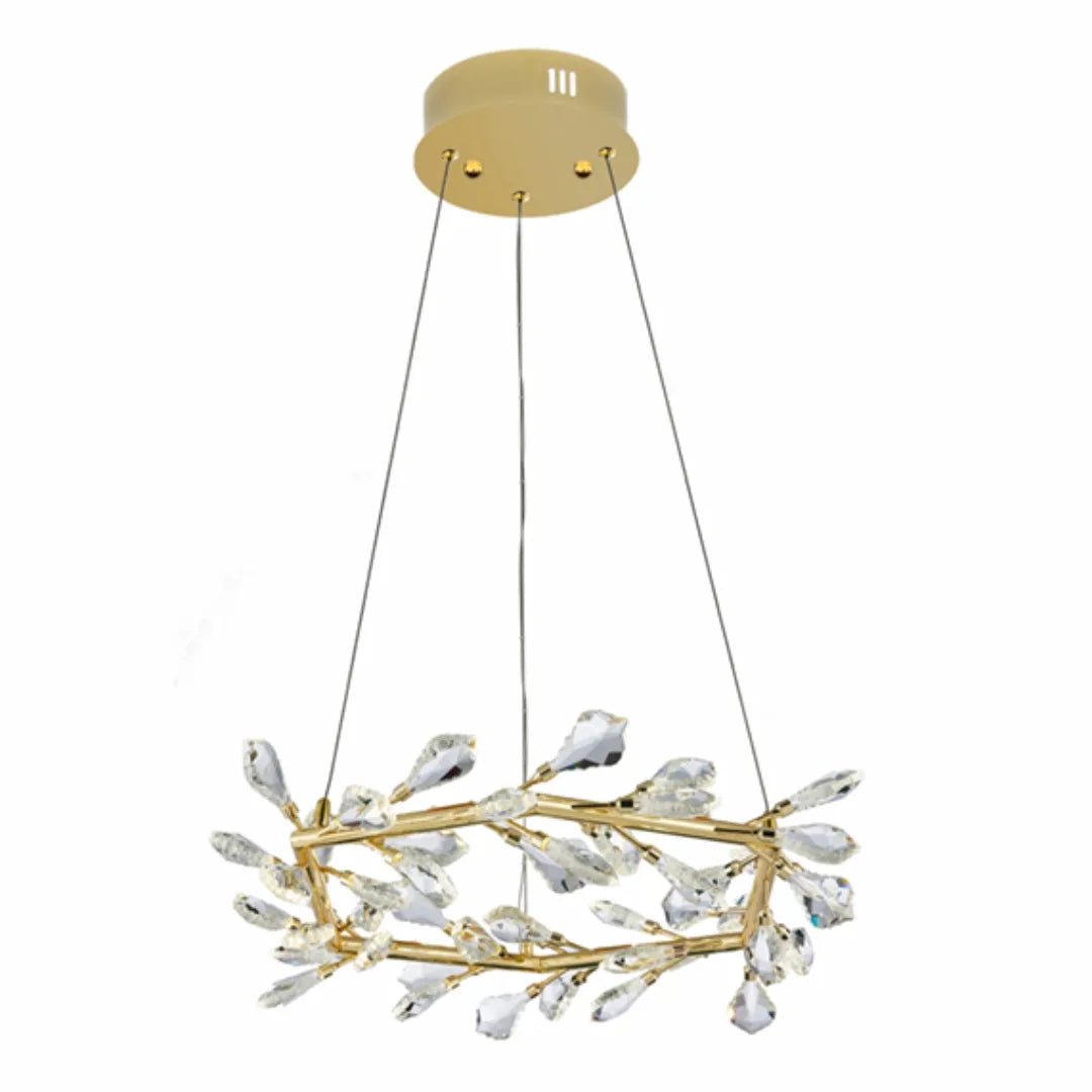 Elegant Donya Crystal Leaf Chandelier with gold finish and crystal details - front view