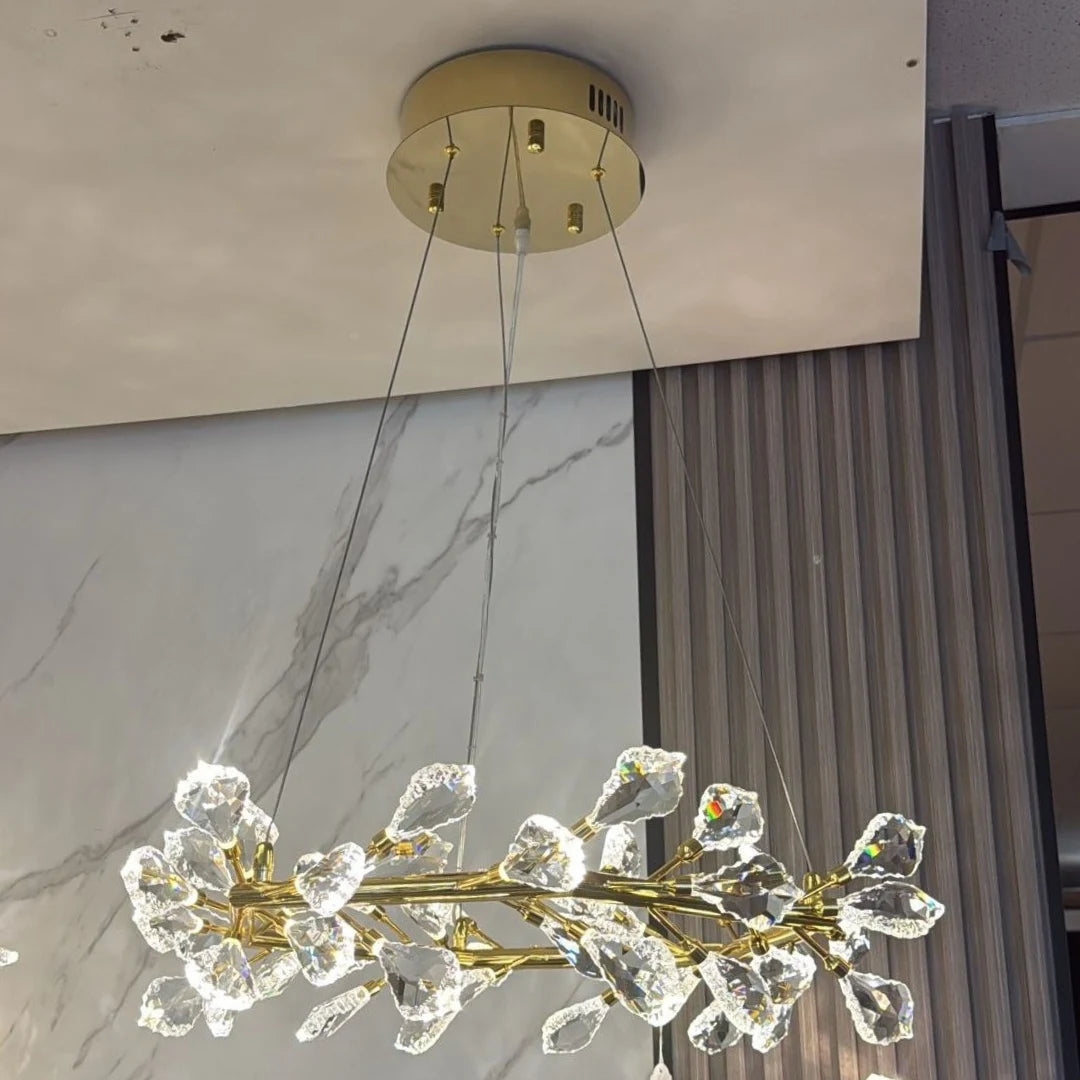 Elegant Donya Crystal Leaf Chandelier hanging view showcasing luxury lighting and modern design