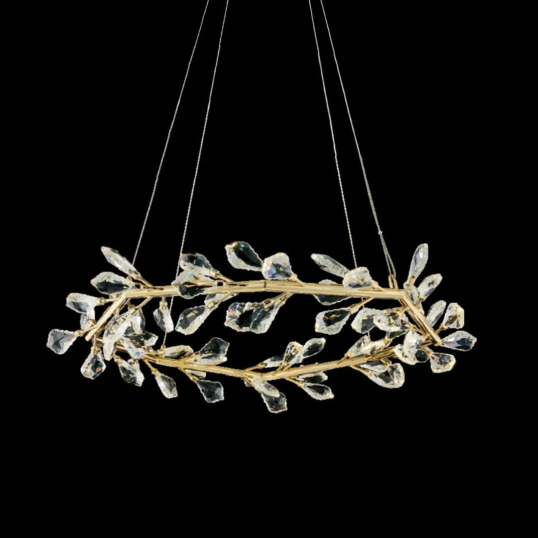 Close view of Donya Crystal Leaf Chandelier highlighting metal details and elegant crystal leaves