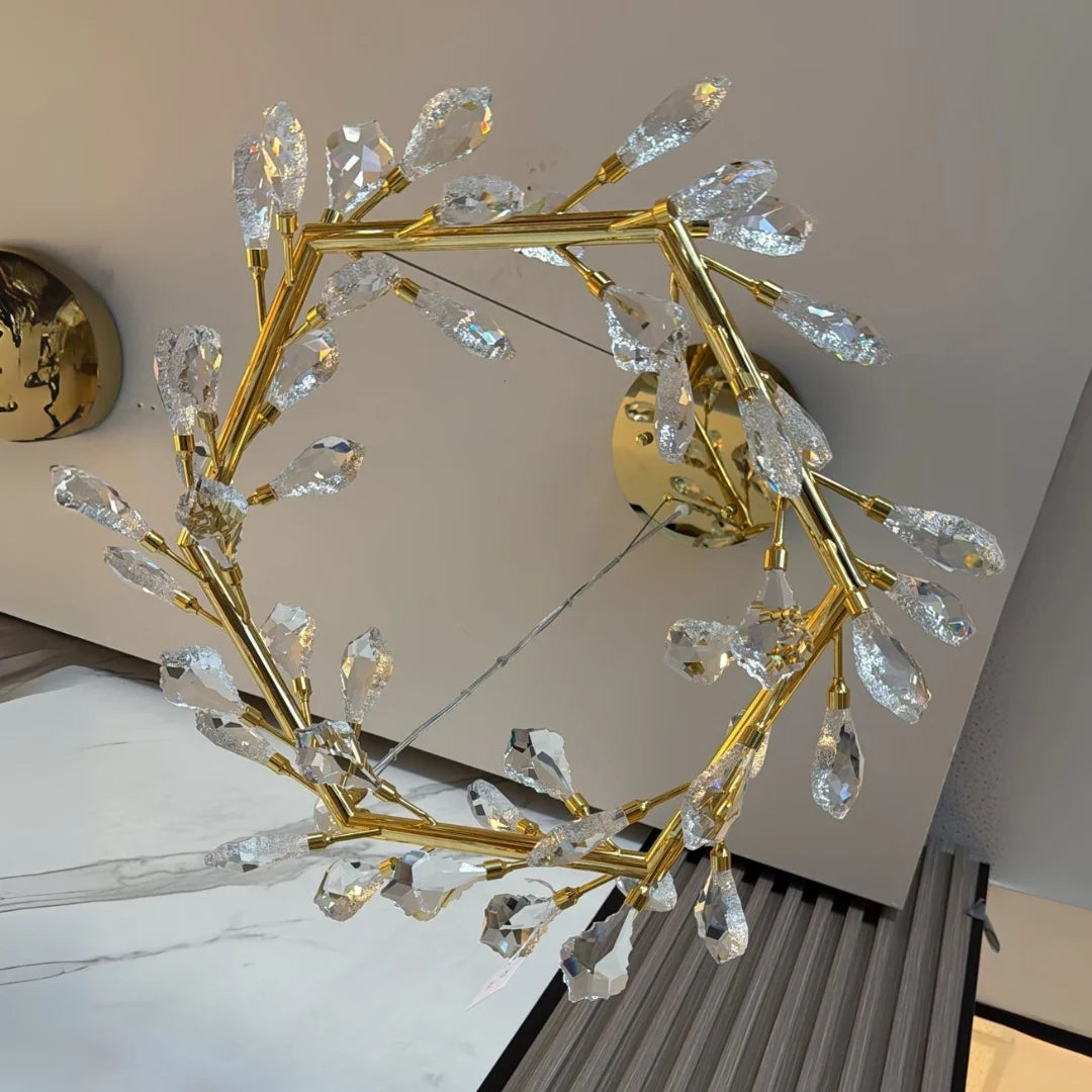 Bottom view of Donya Crystal Leaf Chandelier displaying intricate crystal leaves and gold detailing