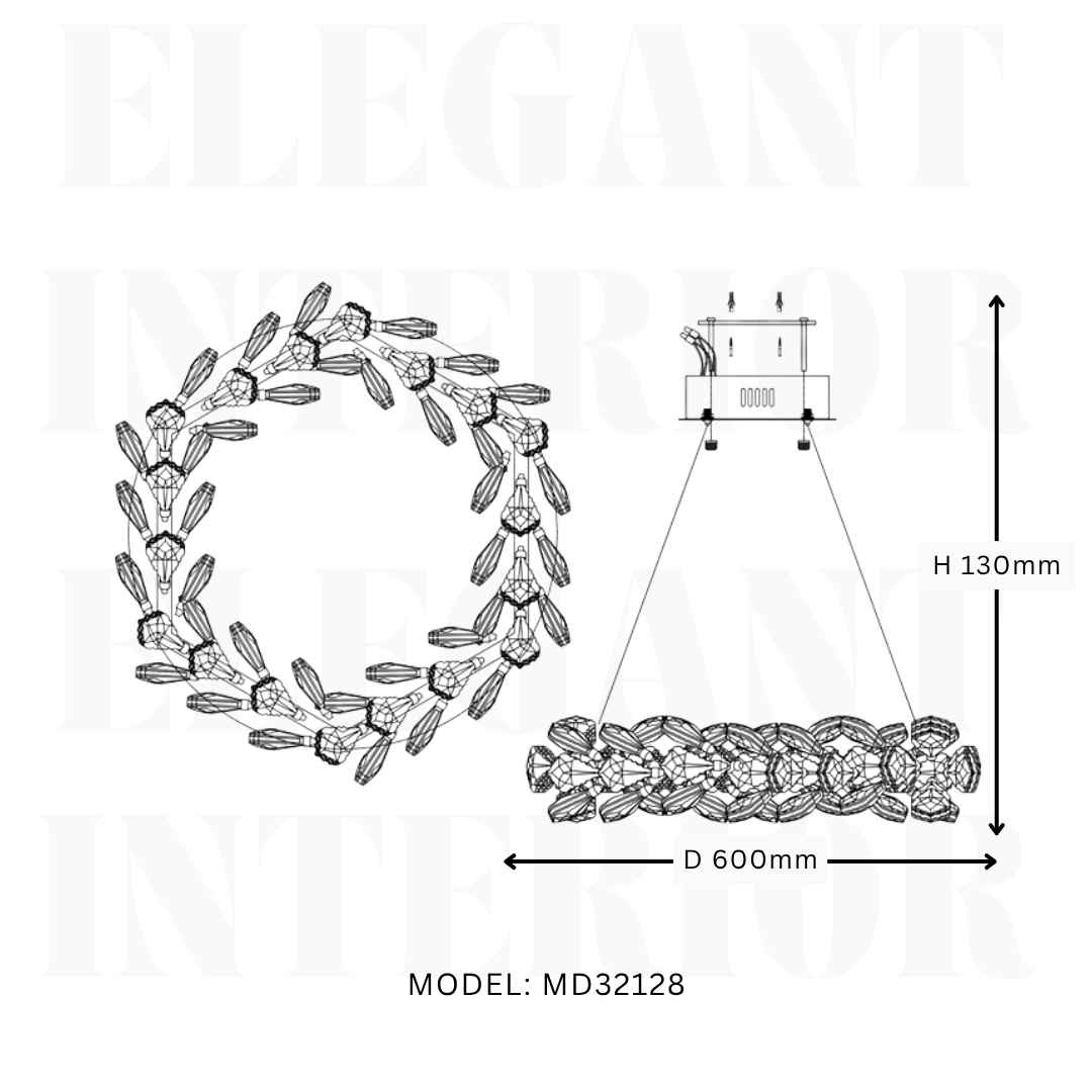 Diagram view of Donya Crystal Leaf Chandelier illustrating structure, dimensions, and elegant design