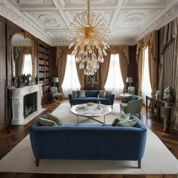 Donya Crystal Leaf Gold Branch chandelier illuminating a luxurious living room interior