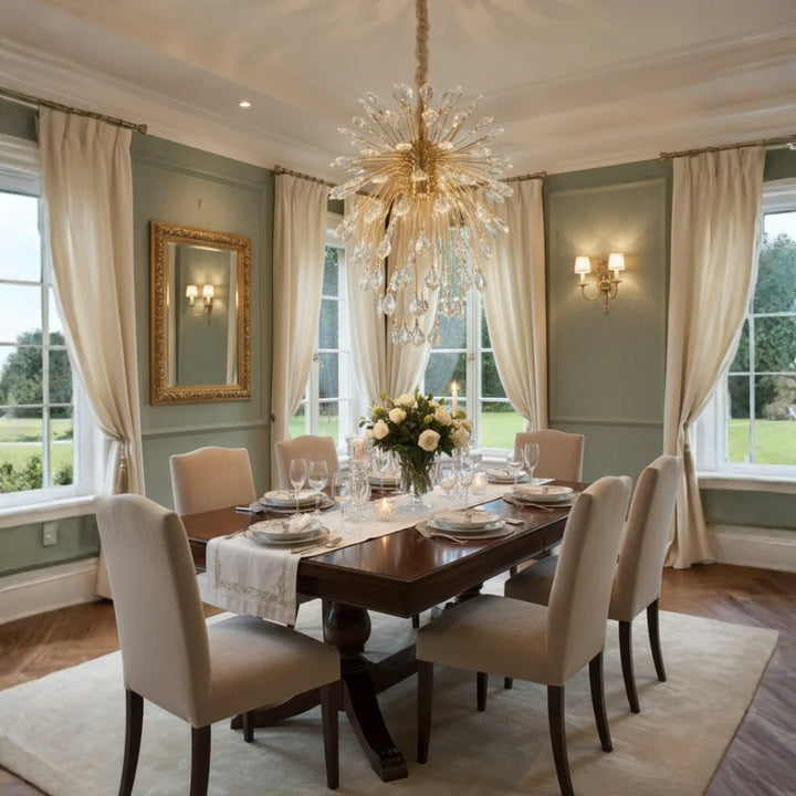 Donya Crystal Leaf Gold Branch chandelier hanging above a dining room table, adding elegance and sparkle