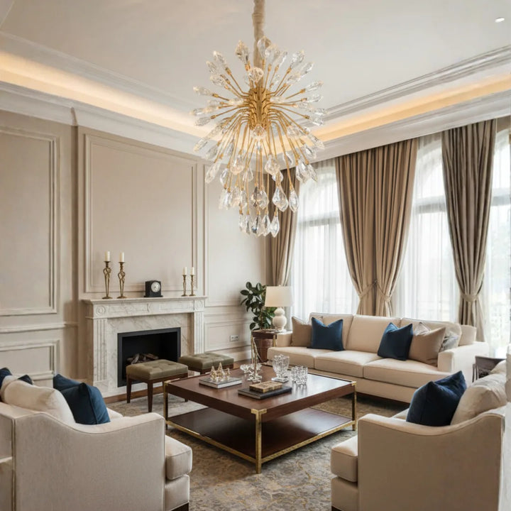 Donya Crystal Leaf Gold Branch chandelier illuminating a stylish and luxurious living room interior