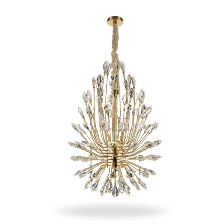 Donya Crystal Leaf Gold chandelier featuring elegant gold finish with sparkling leaf-inspired crystals