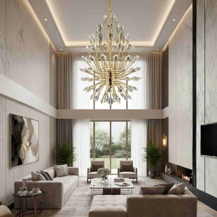 Donya Crystal Leaf Gold chandelier illuminating a luxurious living room interior with elegant design