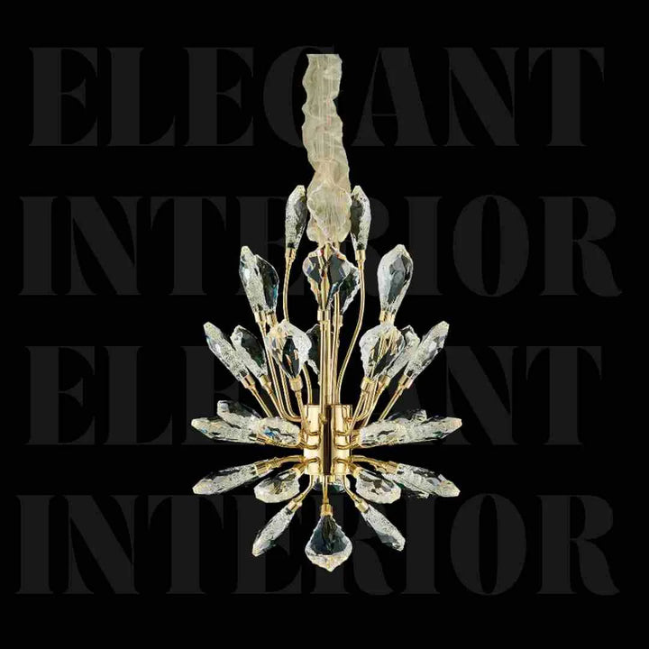 Front view of Donya Crystal Leaf Gold chandelier showcasing elegant gold and crystal leaf design