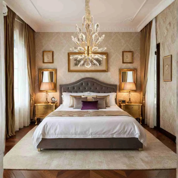 Donya Crystal Leaf Gold chandelier adding elegance and sparkle to a luxurious bedroom interior