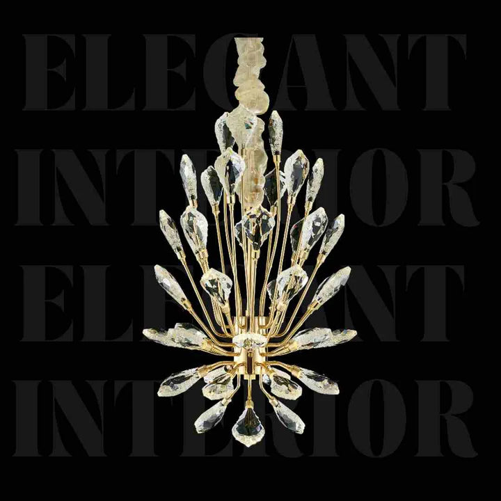 Front view of Donya Crystal Leaf Gold chandelier highlighting elegant gold branches and sparkling crystals