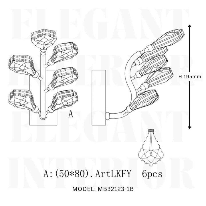 Dimension diagram of Donya Crystal LED Wall Light showing size, structure, and elegant crystal details