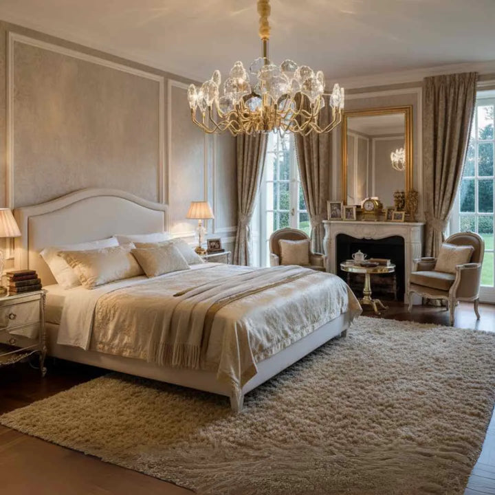 Donya Crystal Lotus Petal Gold Chandelier in bedroom showcasing delicate crystal lotus petals and elegant gold design