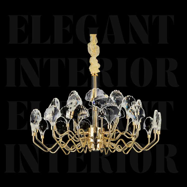 Front view of Donya Crystal Lotus Petal Gold Chandelier highlighting delicate crystal petals and elegant gold frame