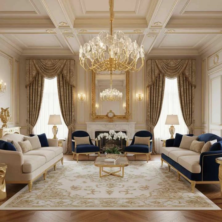 Donya Crystal Lotus Petal Gold Chandelier in living room showcasing elegant gold frame and sparkling crystal lotus petals