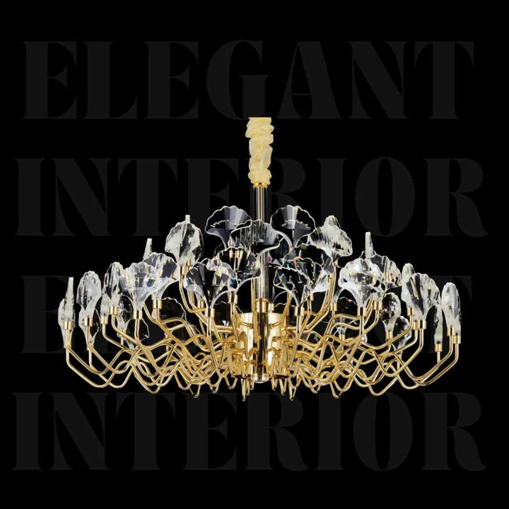 Front view of Donya Crystal Lotus Petal Gold Chandelier highlighting elegant gold frame and sparkling crystal petals