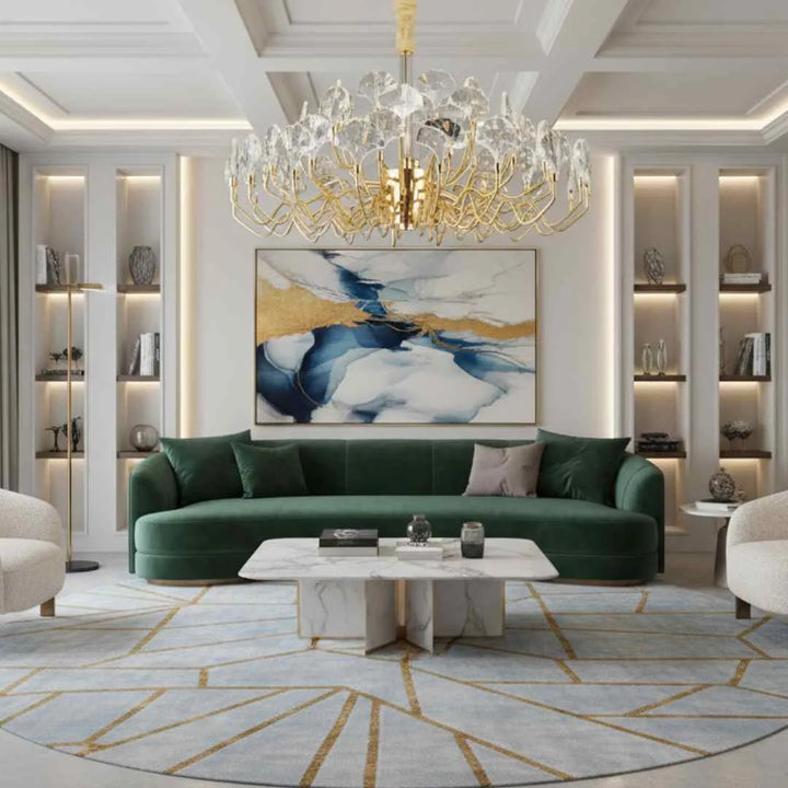 Front view of Donya Crystal Lotus Petal Gold Chandelier highlighting elegant gold frame and sparkling crystal petals