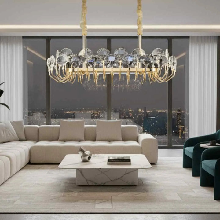 Donya Crystal Lotus Petal Gold Chandelier in luxury living room showcasing elegant gold frame and sparkling crystal petals