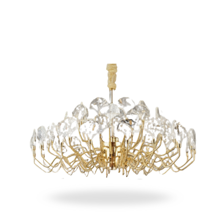 Front view of Donya Crystal Lotus Petal gold chandelier showcasing elegant floral crystal design