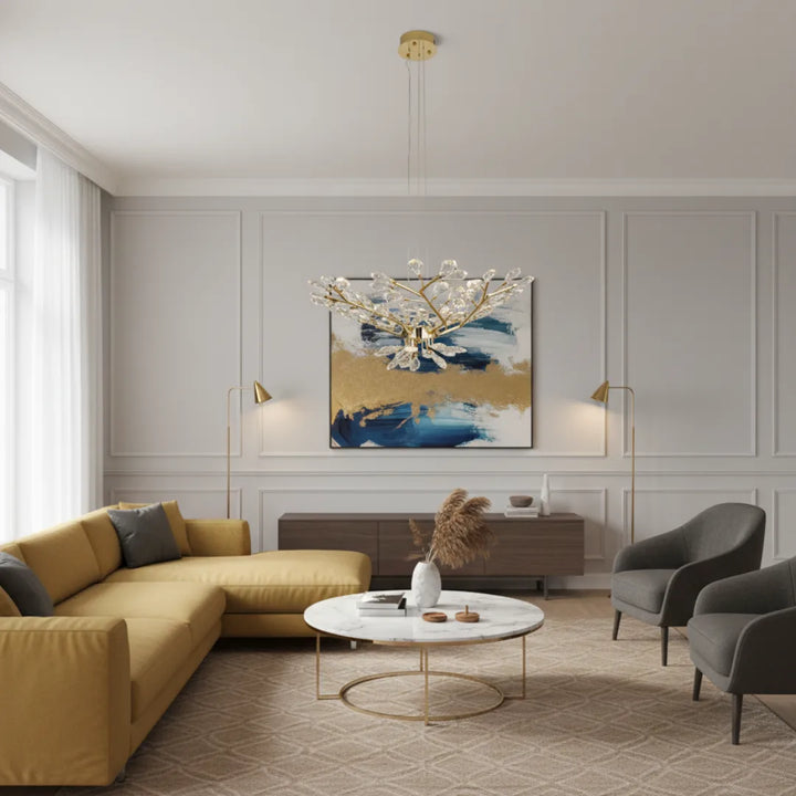 Donya Crystal Petal Blossom chandelier luxury lighting living room view