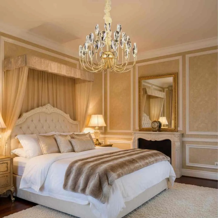 Donya Crystal Petal Gold Chandelier hanging in bedroom showcasing delicate crystal petals and elegant gold frame