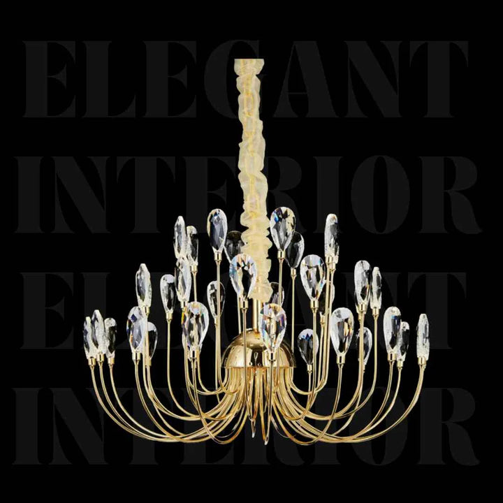 Front view of Donya Crystal Petal Gold Chandelier highlighting delicate crystal petals and elegant gold frame