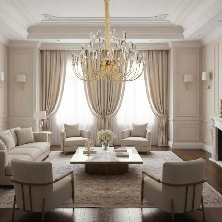Donya Crystal Petal Gold Chandelier in living room showcasing elegant gold frame and sparkling crystal petals